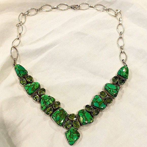 Mohave Lime Green Copper Infused Turquoise Peridot Sterling Silver 925 Necklace - Picture 12 of 16